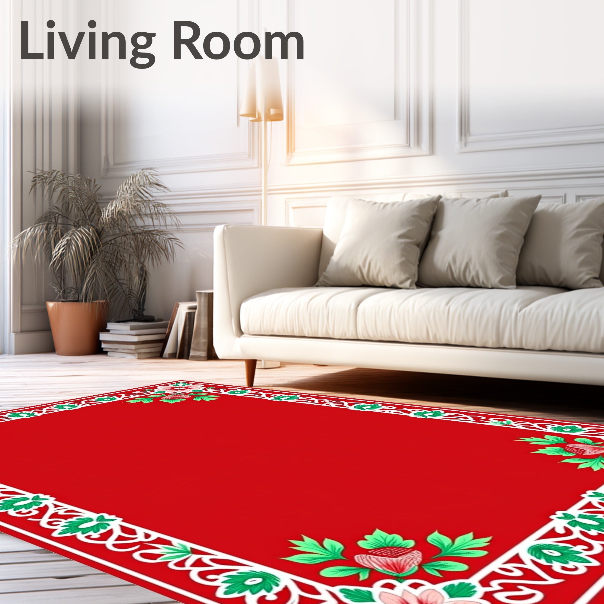 Crimson Floral Border With Green Leaves Rug