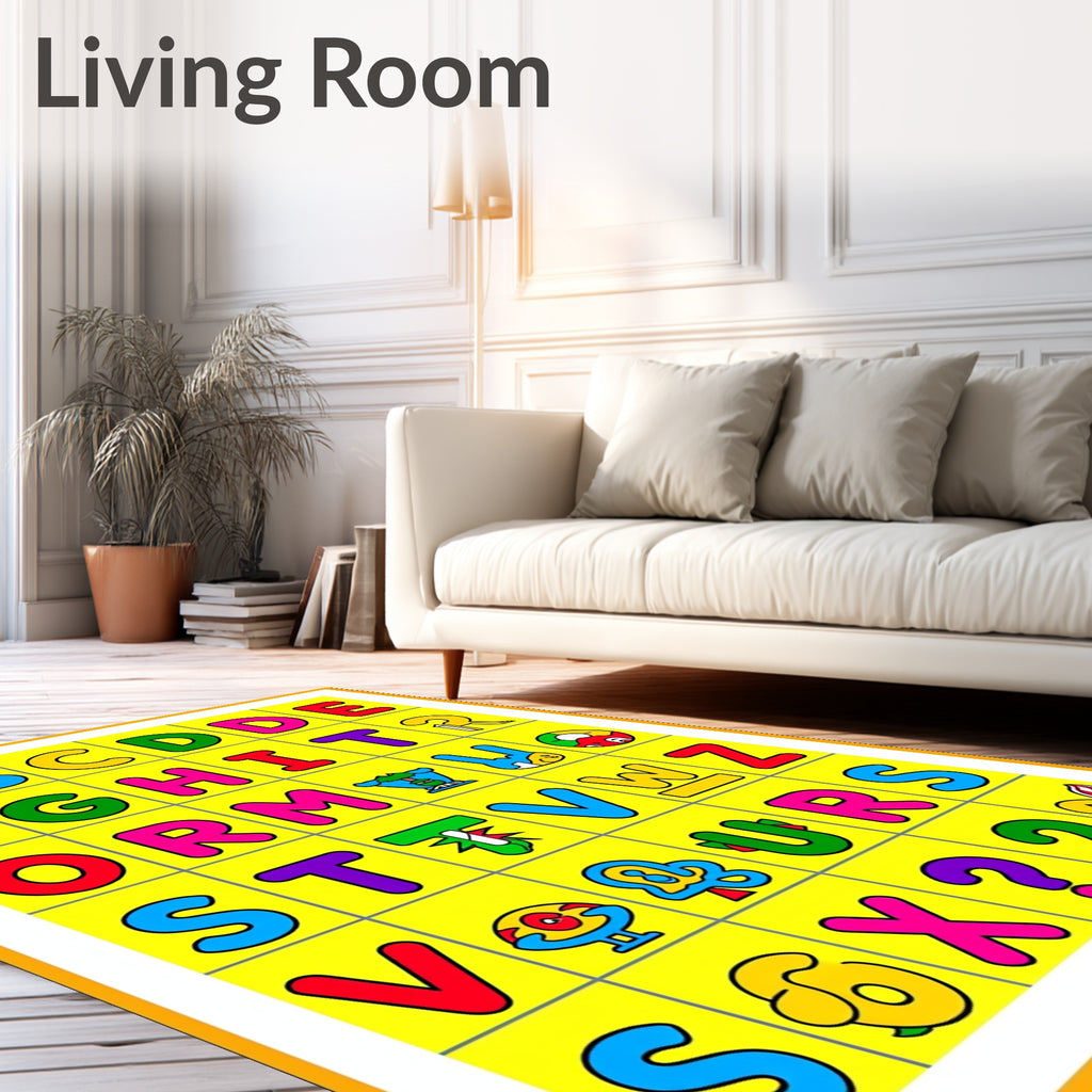 Bright Alphabet Grid with Cartoon Accents Rug