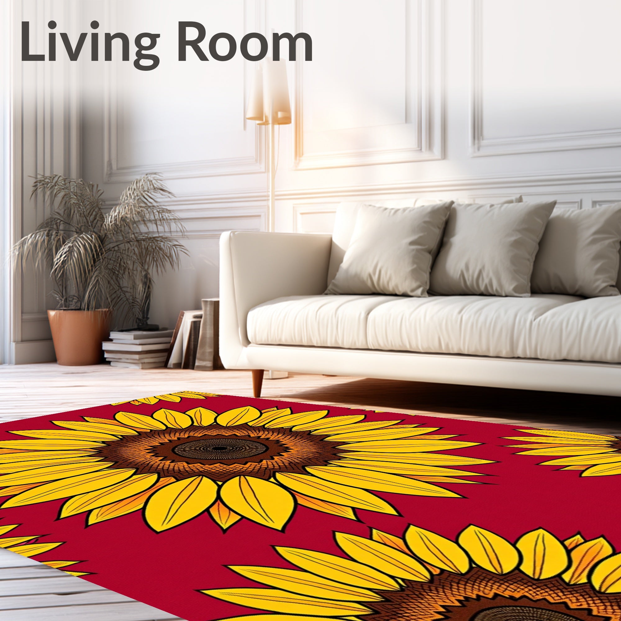 Golden Sunflower Medallion Red Background Rug