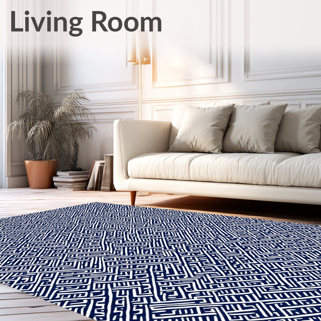 Deep Blue White Interlocking Line Rug