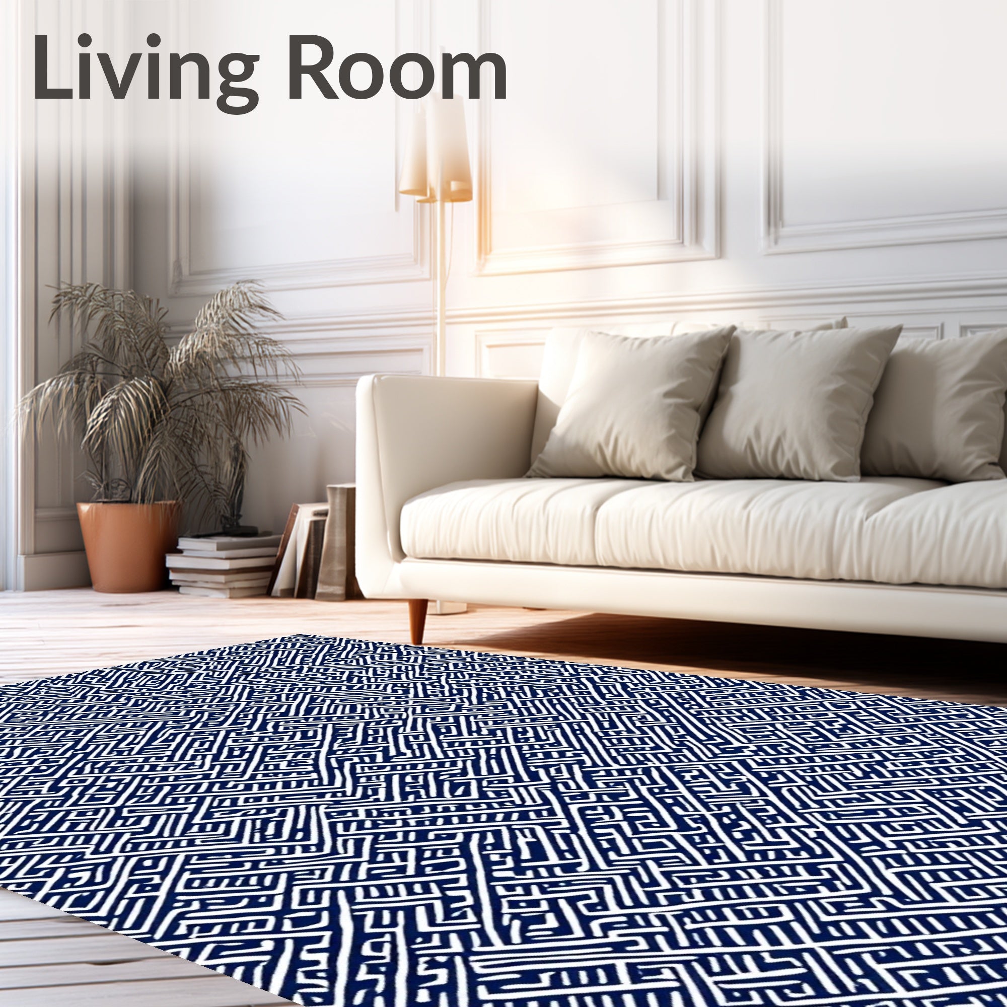 Deep Blue White Interlocking Line Rug