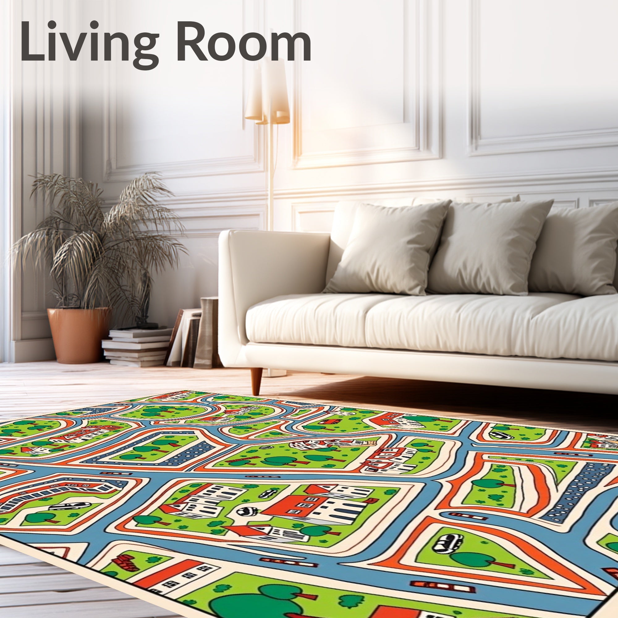 Whimsical City Map Houses Trees Rug