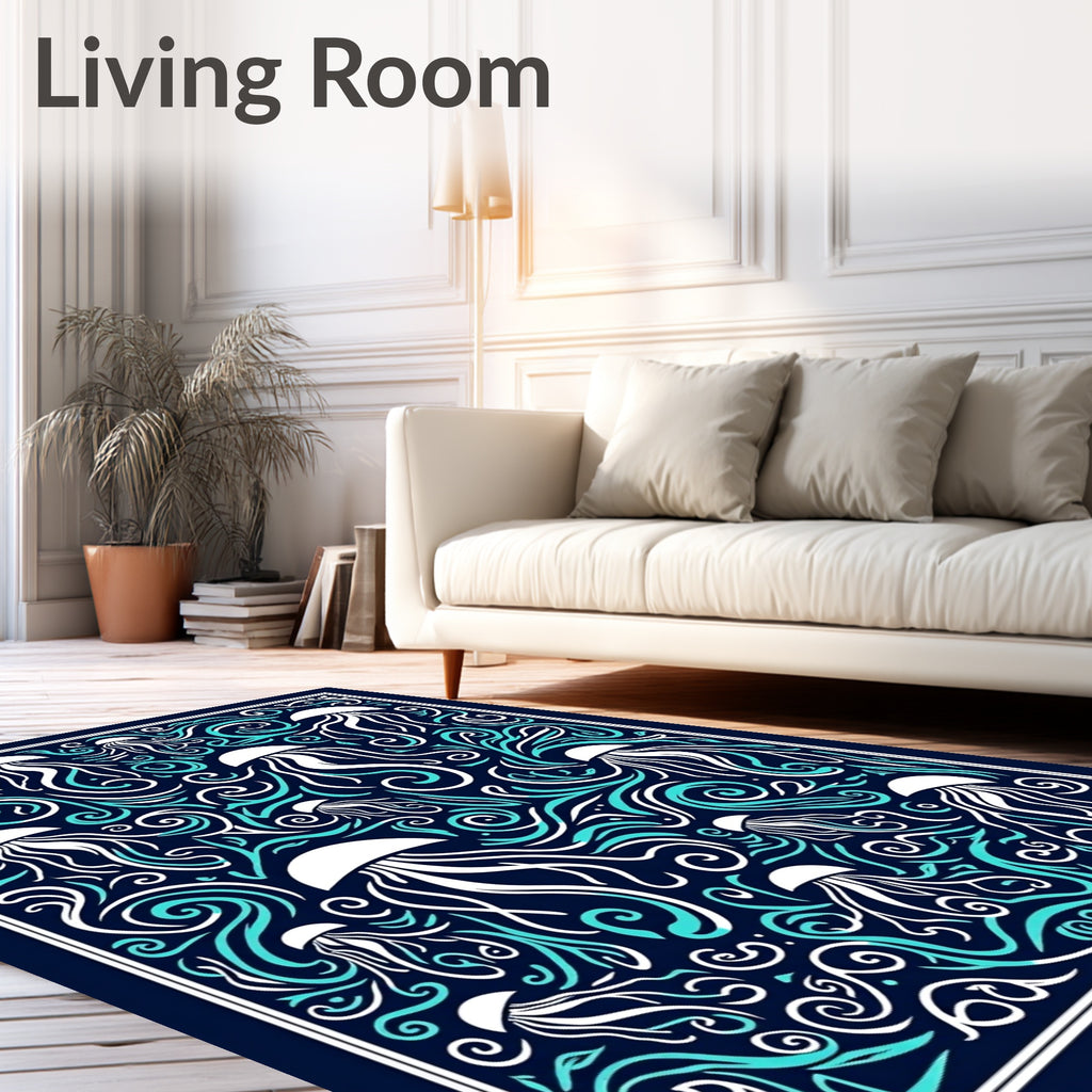 Deep Blue Jellyfish Swirl Ocean Rug