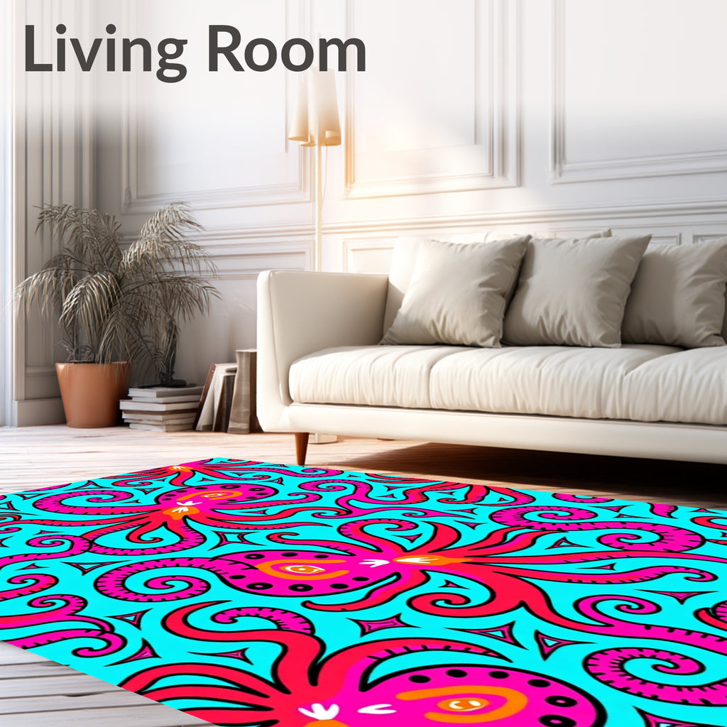Vibrant Pink Octopus Swirls Aqua Rug