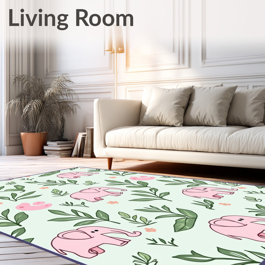 Whimsical Pink Elephant Floral Jungle Rug