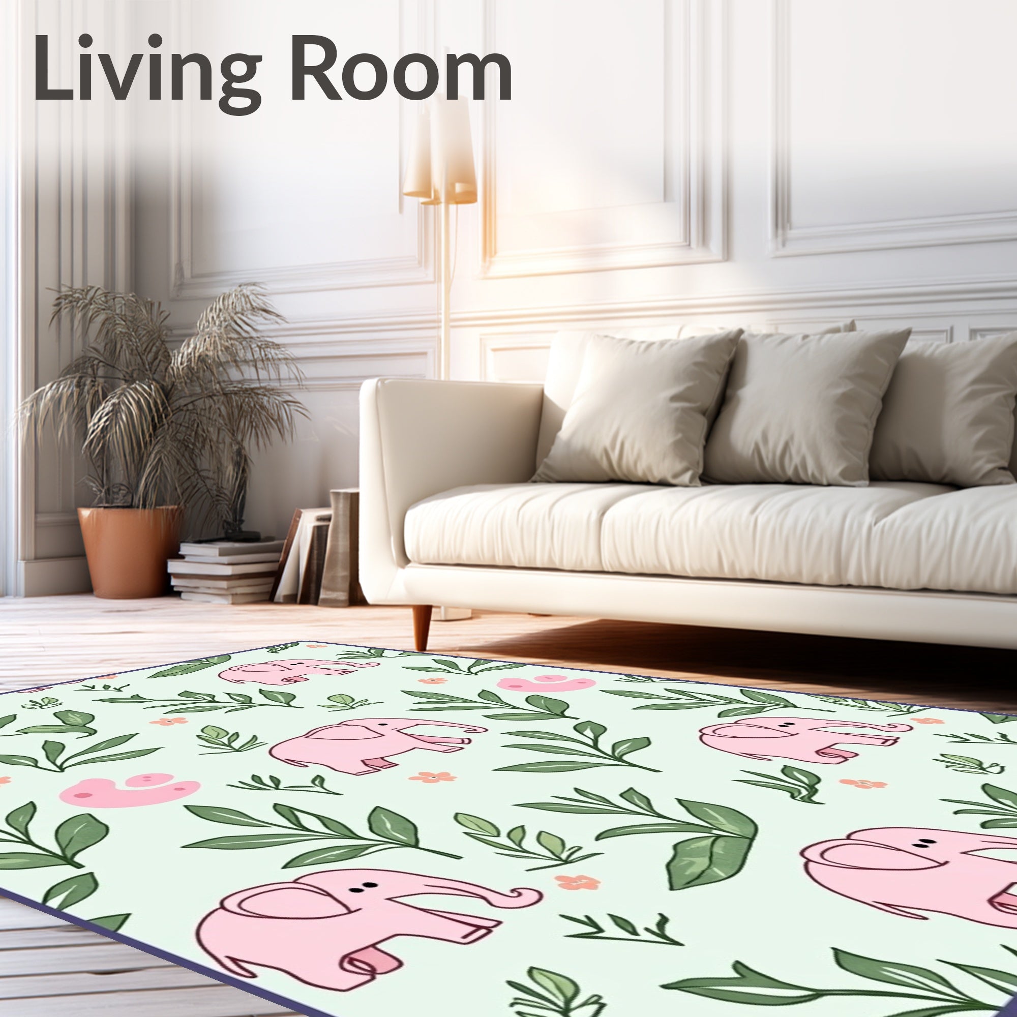 Whimsical Pink Elephant Floral Jungle Rug