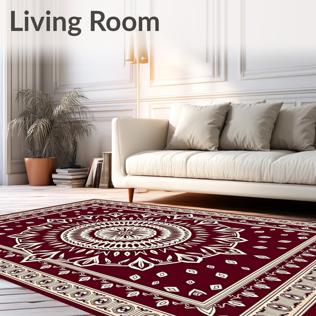 Crimson Cream Mandala Flower Border Rug