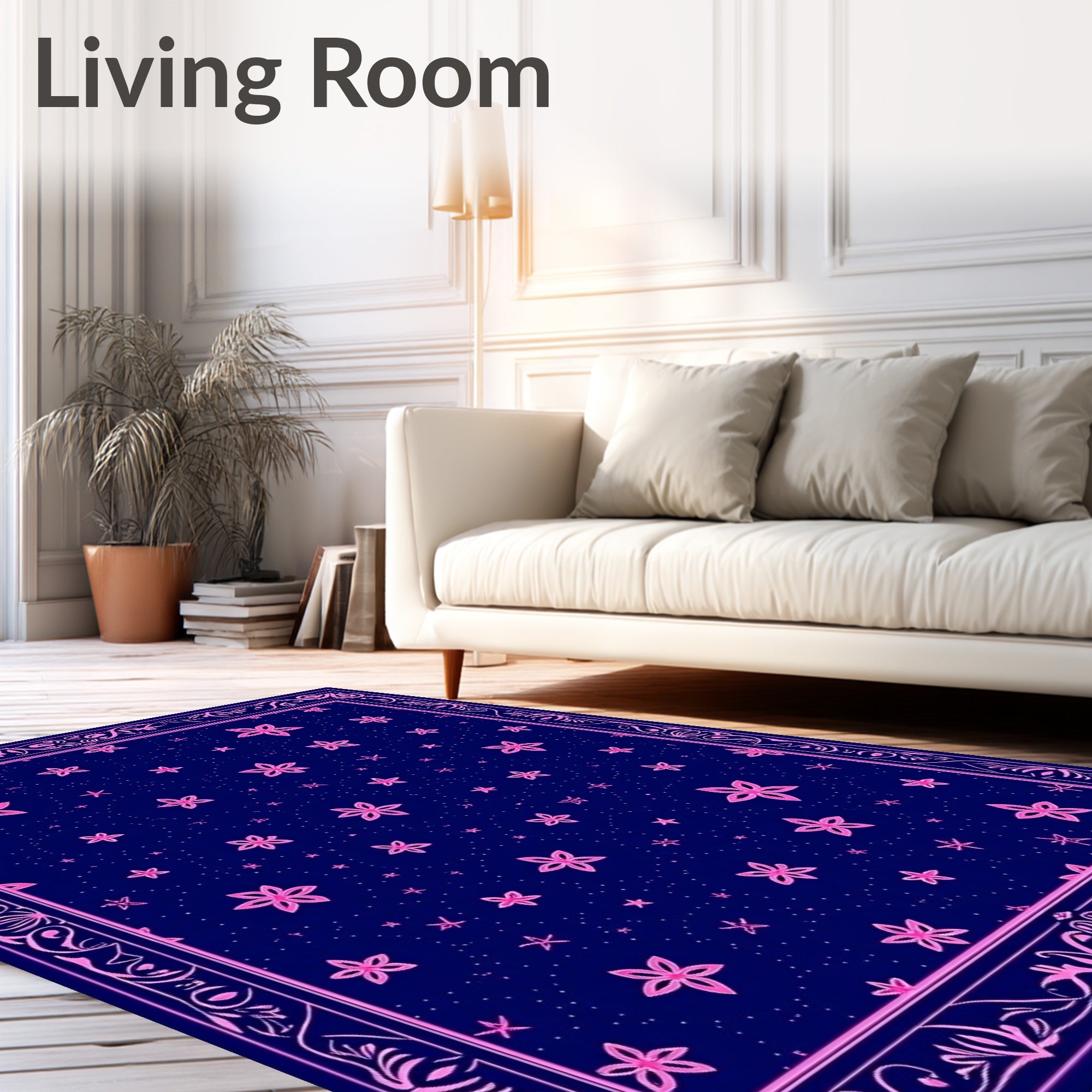 Navy Pink Starry Night Floral Border Rug