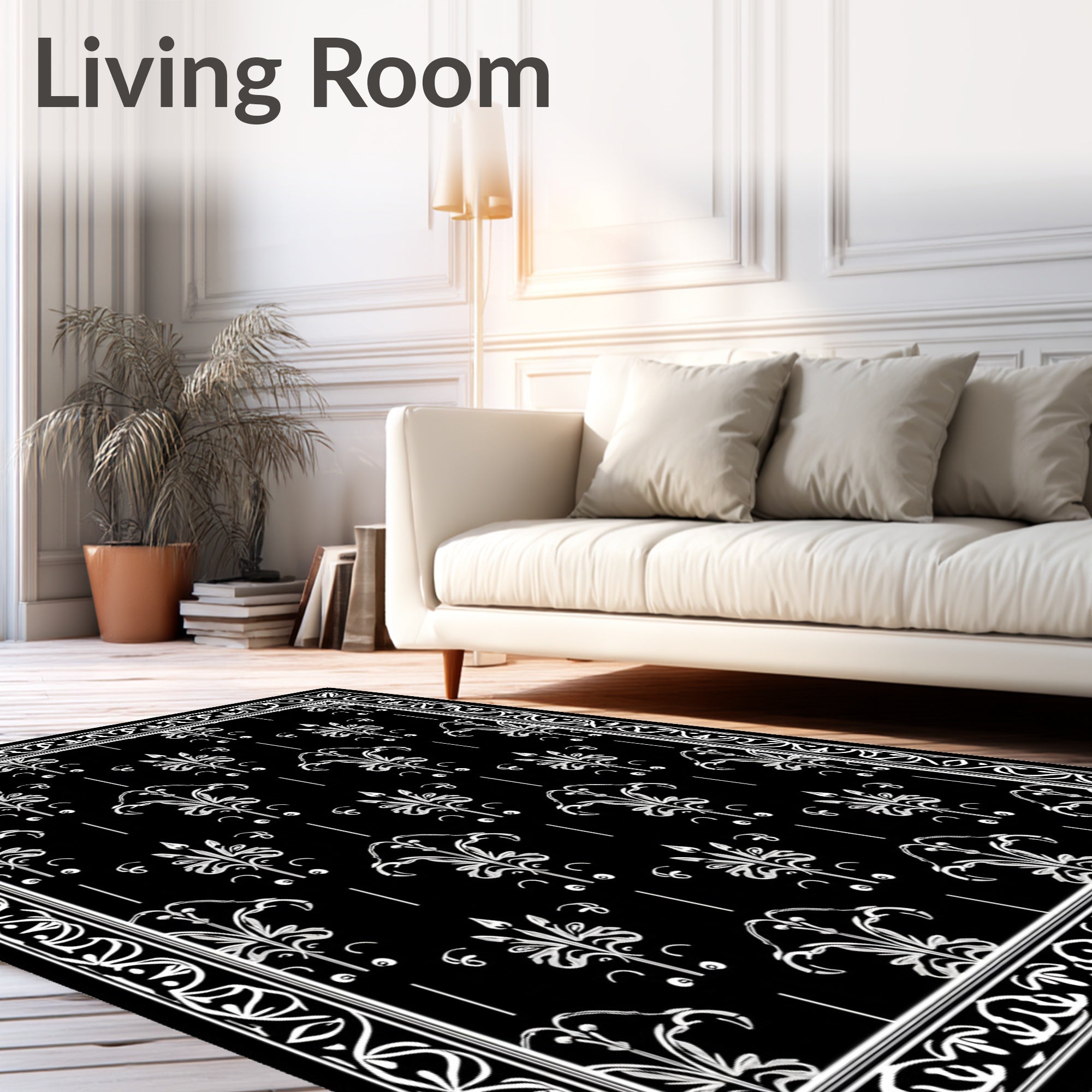 Classic Black White Floral Damask Rug