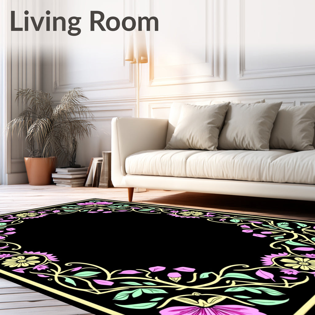 Pink Floral Yellow Leaf Vine Border Rug