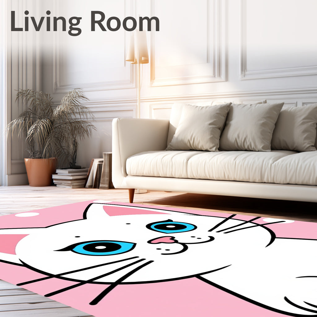 Playful White Cat Pink Polka Dot Rug