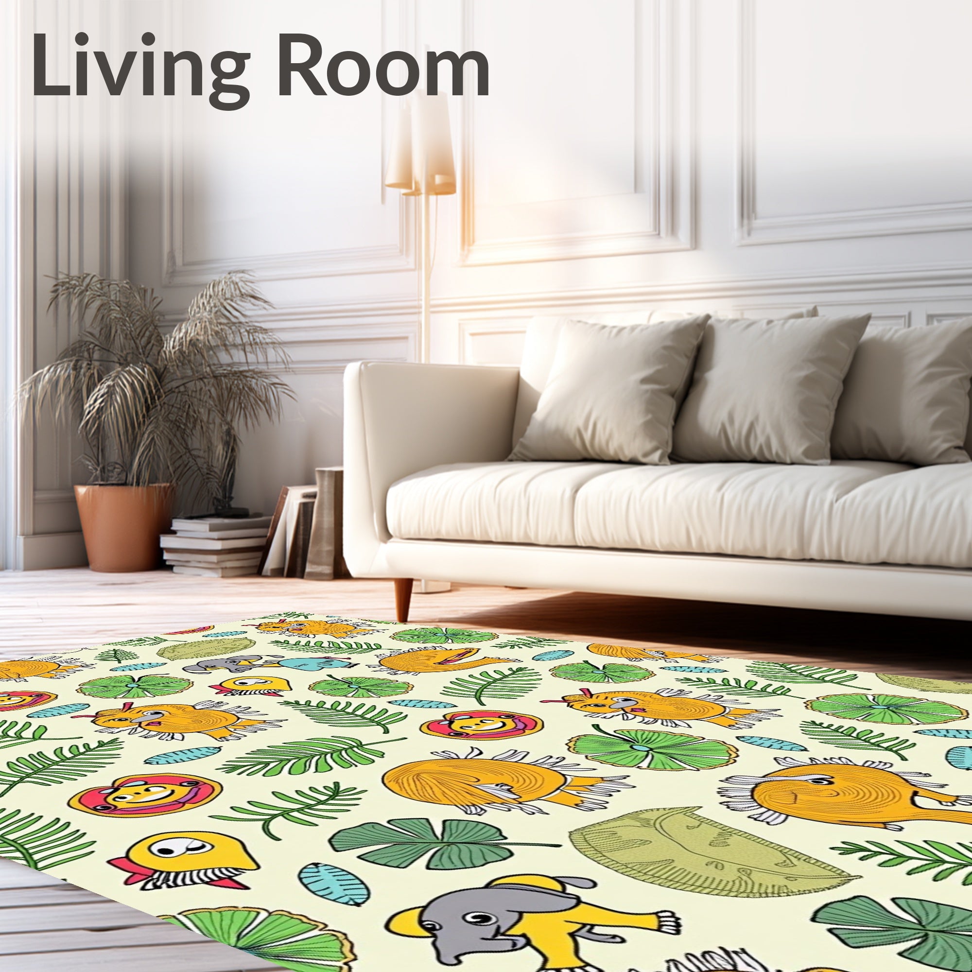 Playful Yellow Creature Jungle Foliage Rug