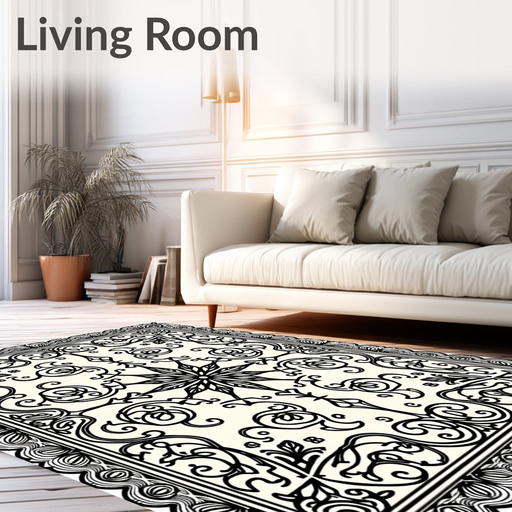 Cream Black Scrollwork Elaborate Star Rug