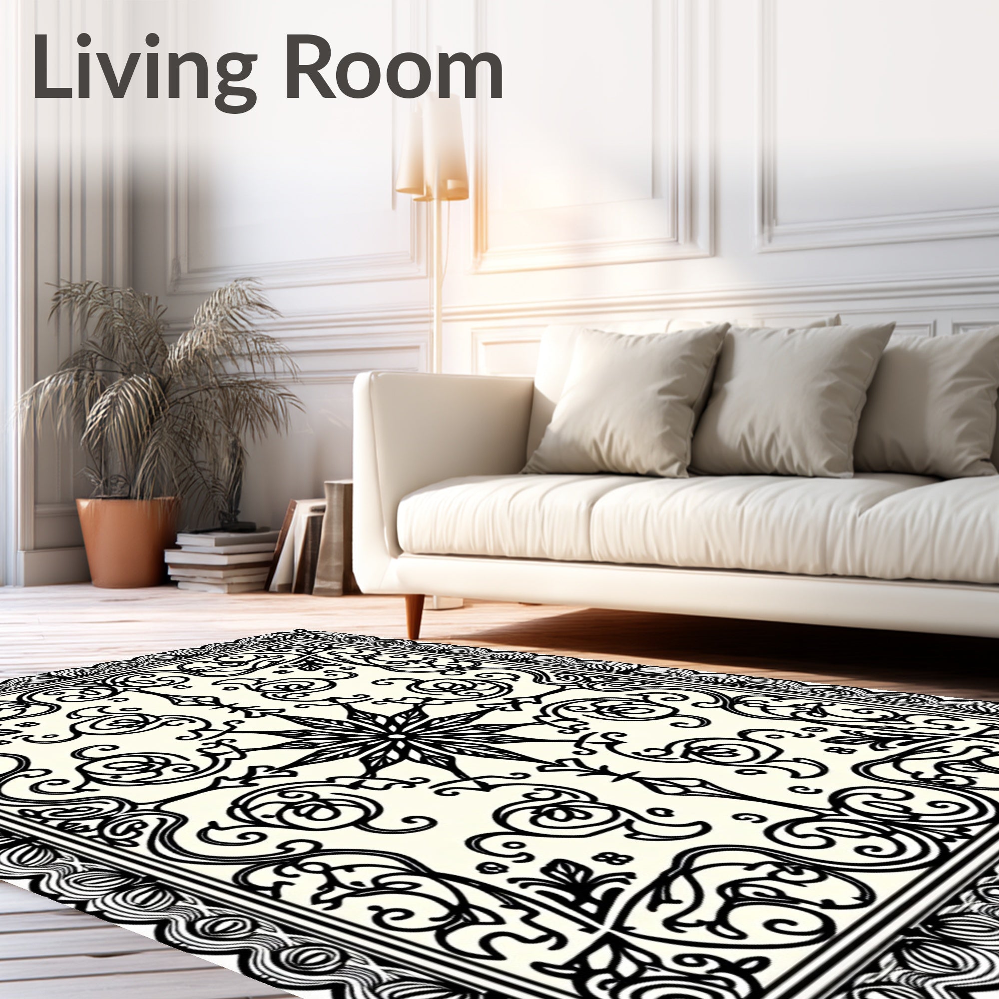 Cream Black Scrollwork Elaborate Star Rug