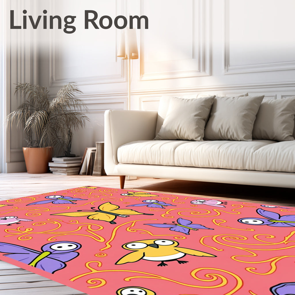Whimsical Yellow Butterfly Pink Garden Rug
