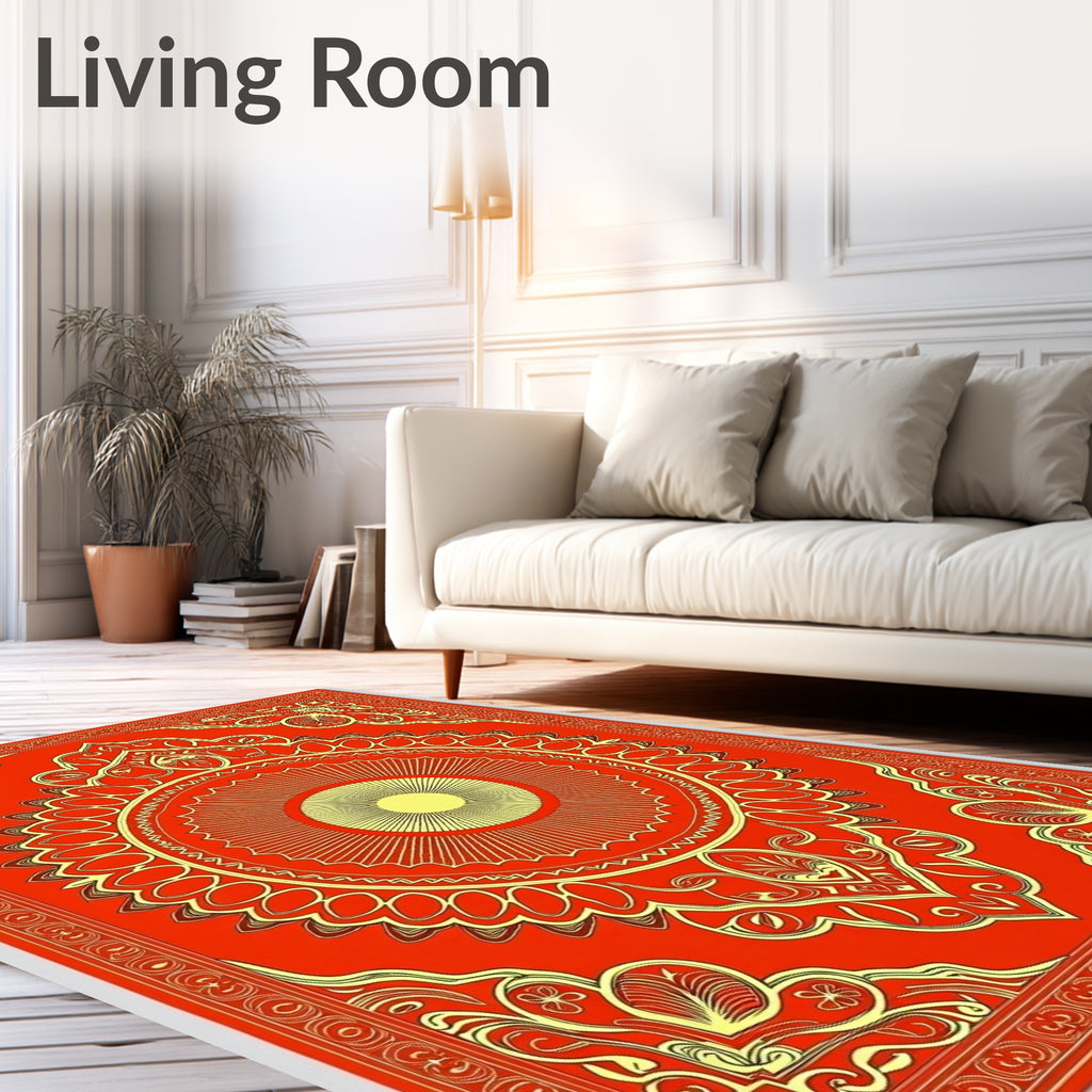 Vibrant Red Yellow Sunburst Medallion Rug