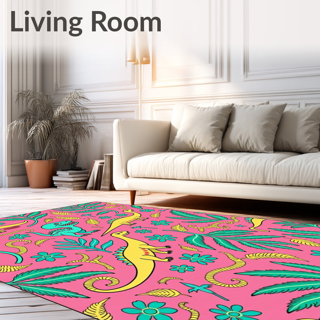 Fun Yellow Dinosaurs Tropical Pink Jungle Rug
