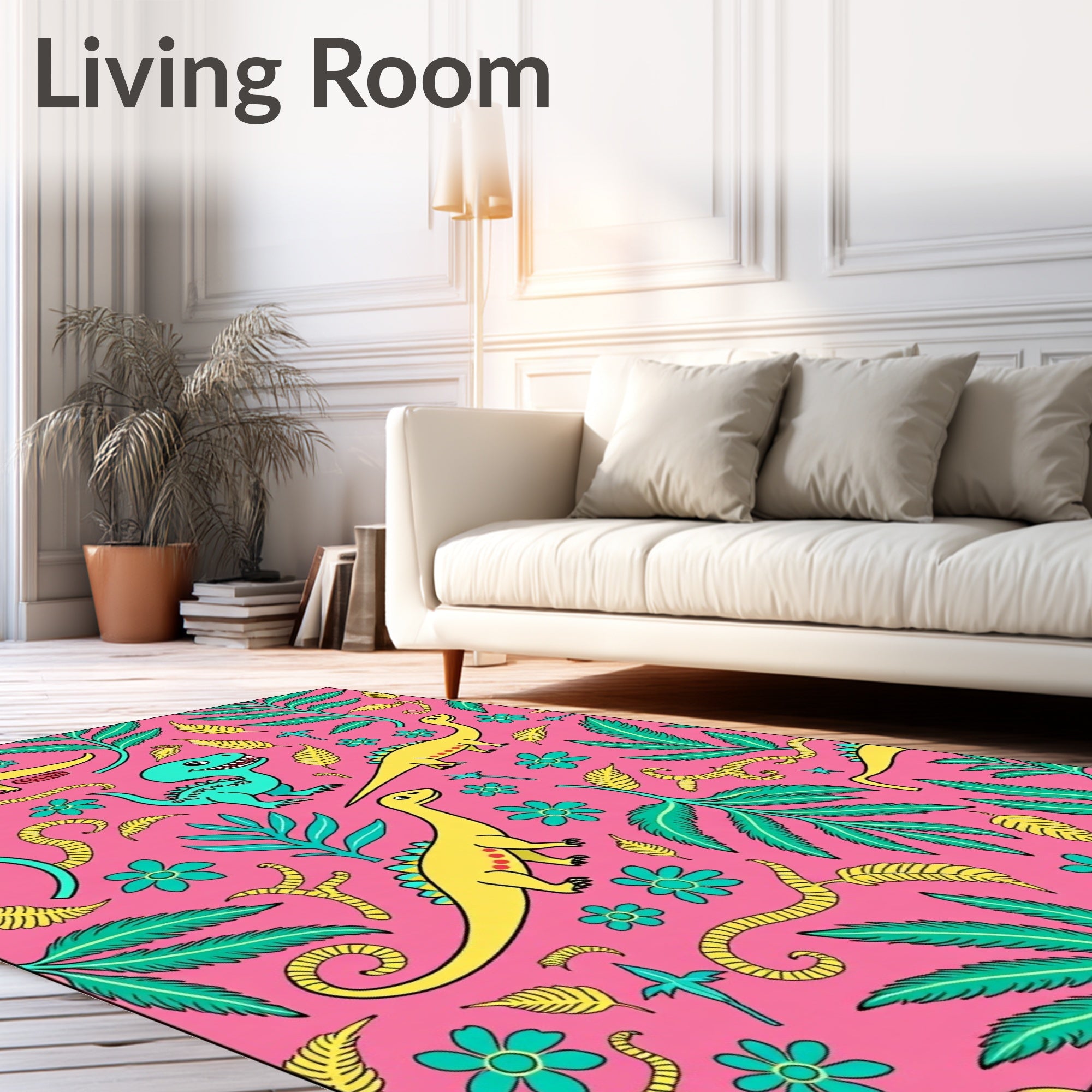 Fun Yellow Dinosaurs Tropical Pink Jungle Rug