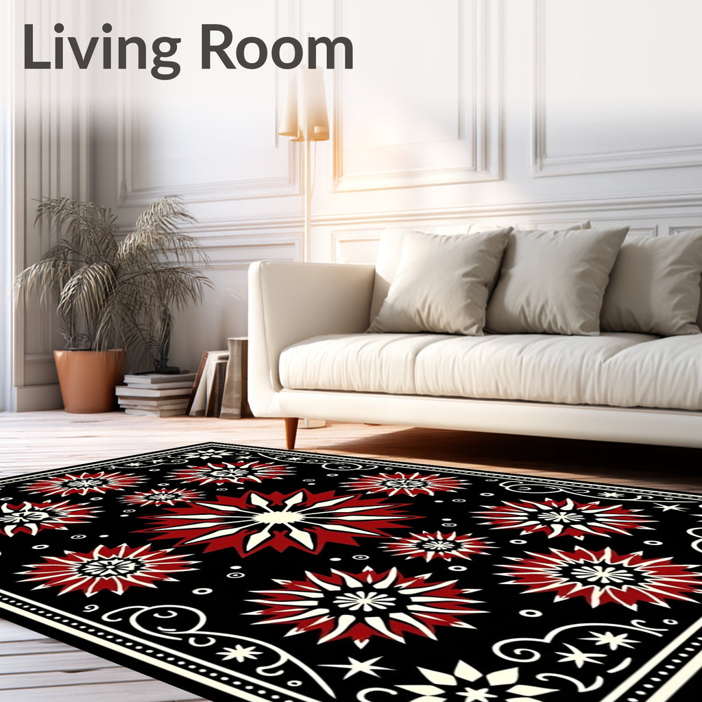 Crimson Starburst Medallion Black Rug