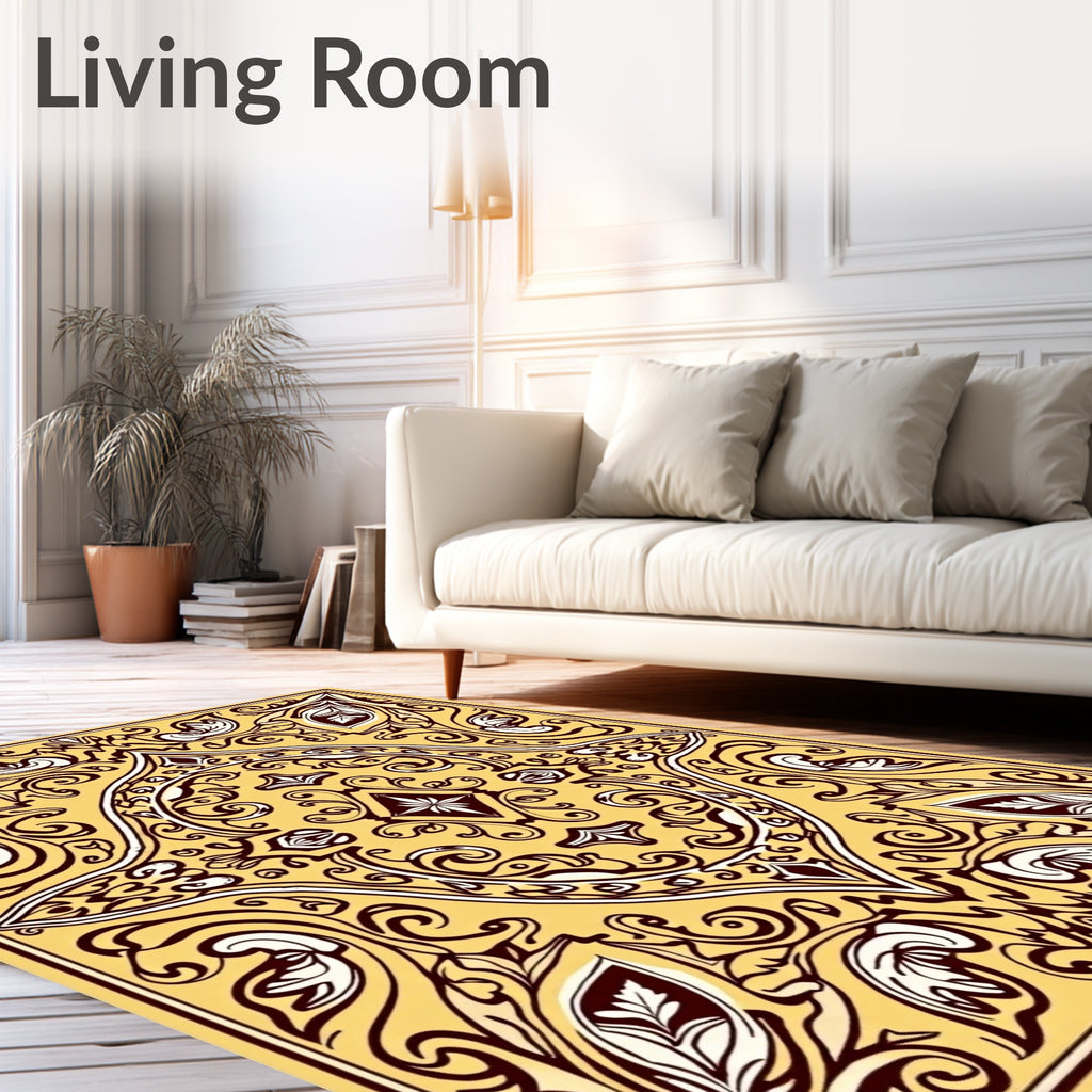 Yellow Burgundy Oval Leaf Scroll Rug