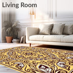 Yellow Burgundy Oval Leaf Scroll Rug