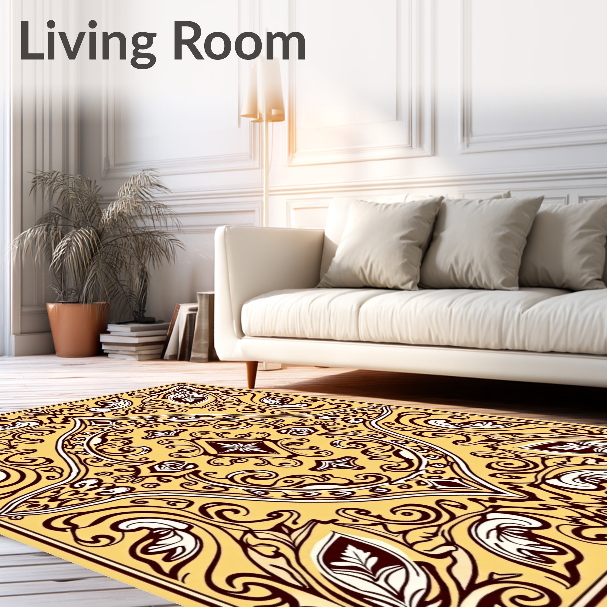 Yellow Burgundy Oval Leaf Scroll Rug