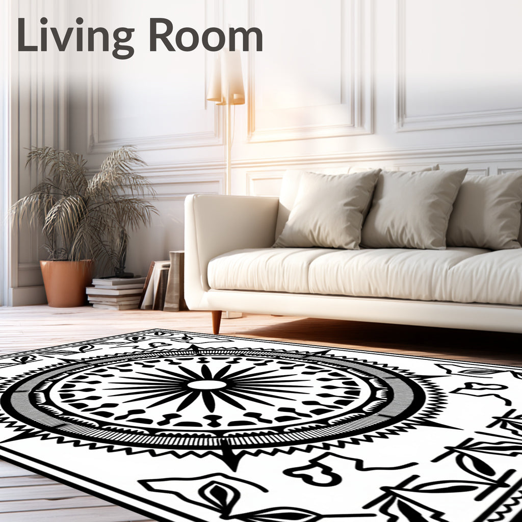 Bold Black Sunburst Medallion Compass Rug