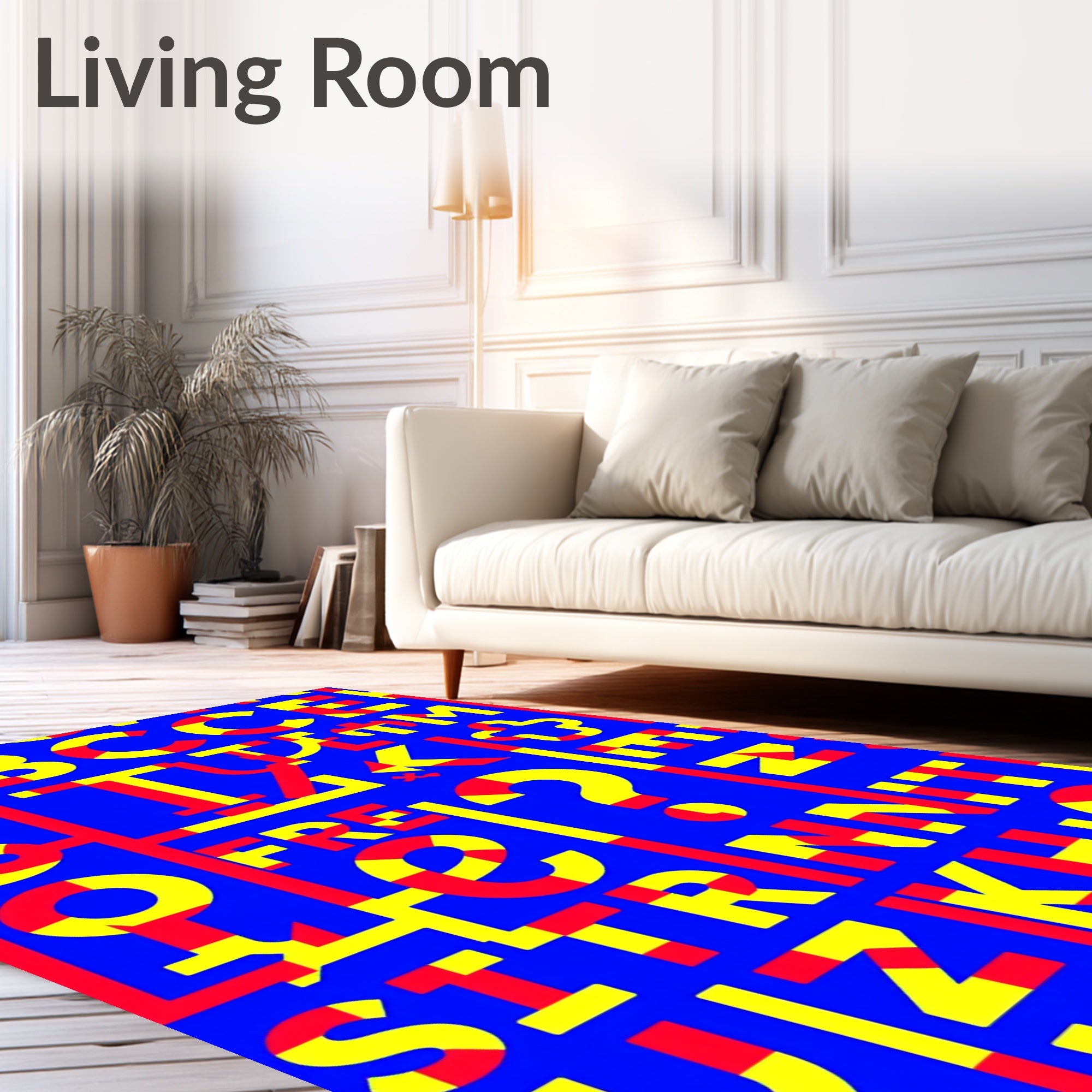 Bold Alphabet Collage Blue Red Yellow Rug
