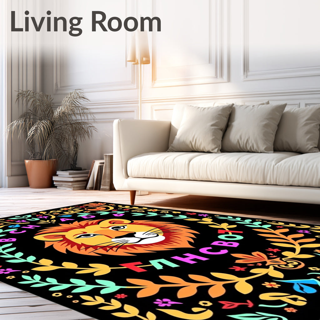 Bold Lion With Colorful Floral Border Rug