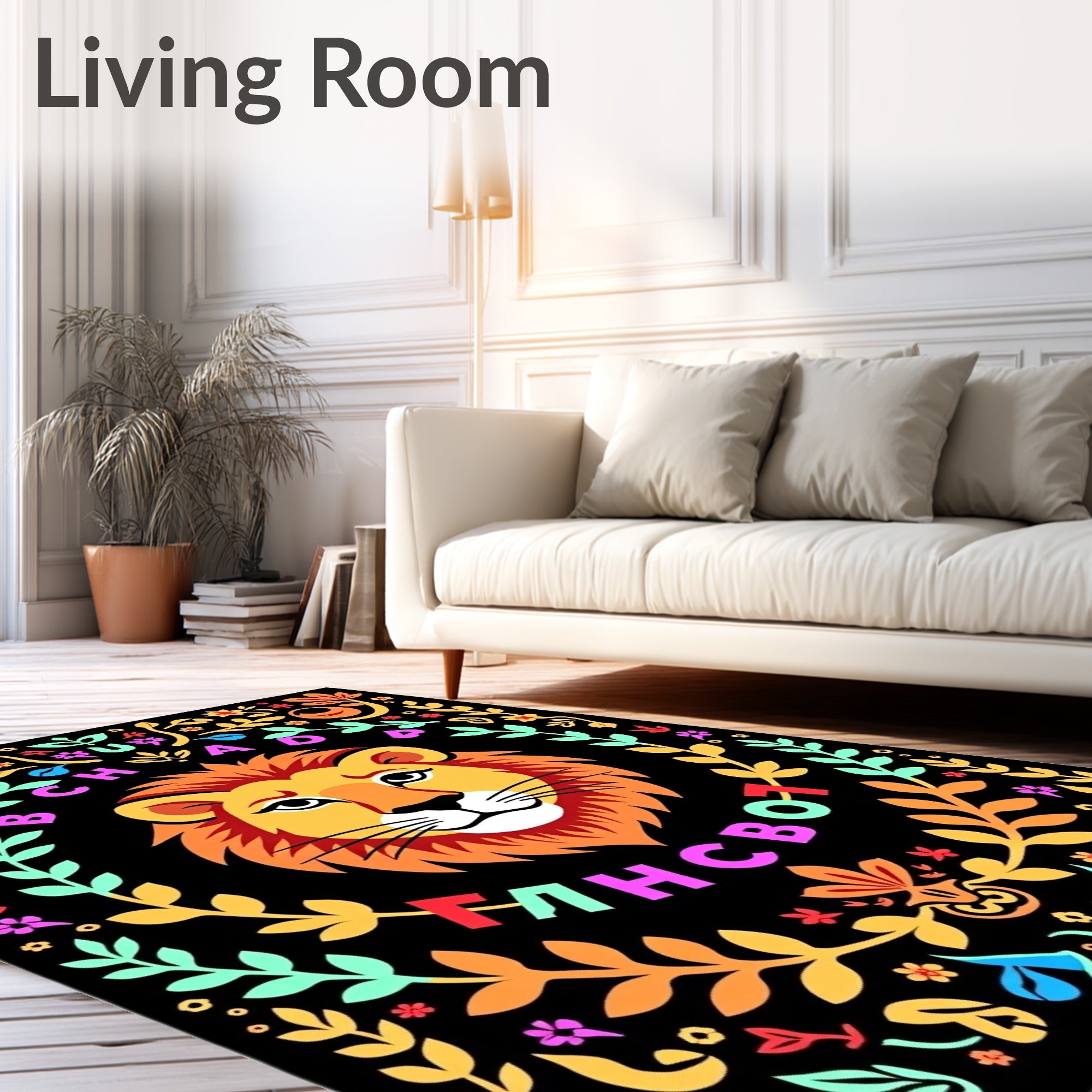 Bold Lion With Colorful Floral Border Rug