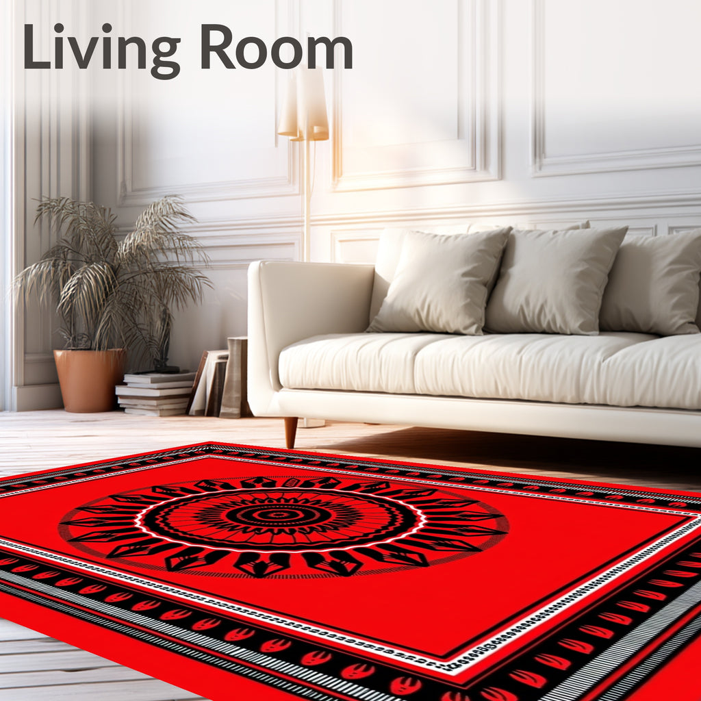 Bold Red Sunburst Mandala Border Rug