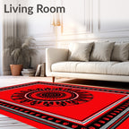 Bold Red Sunburst Mandala Border Rug
