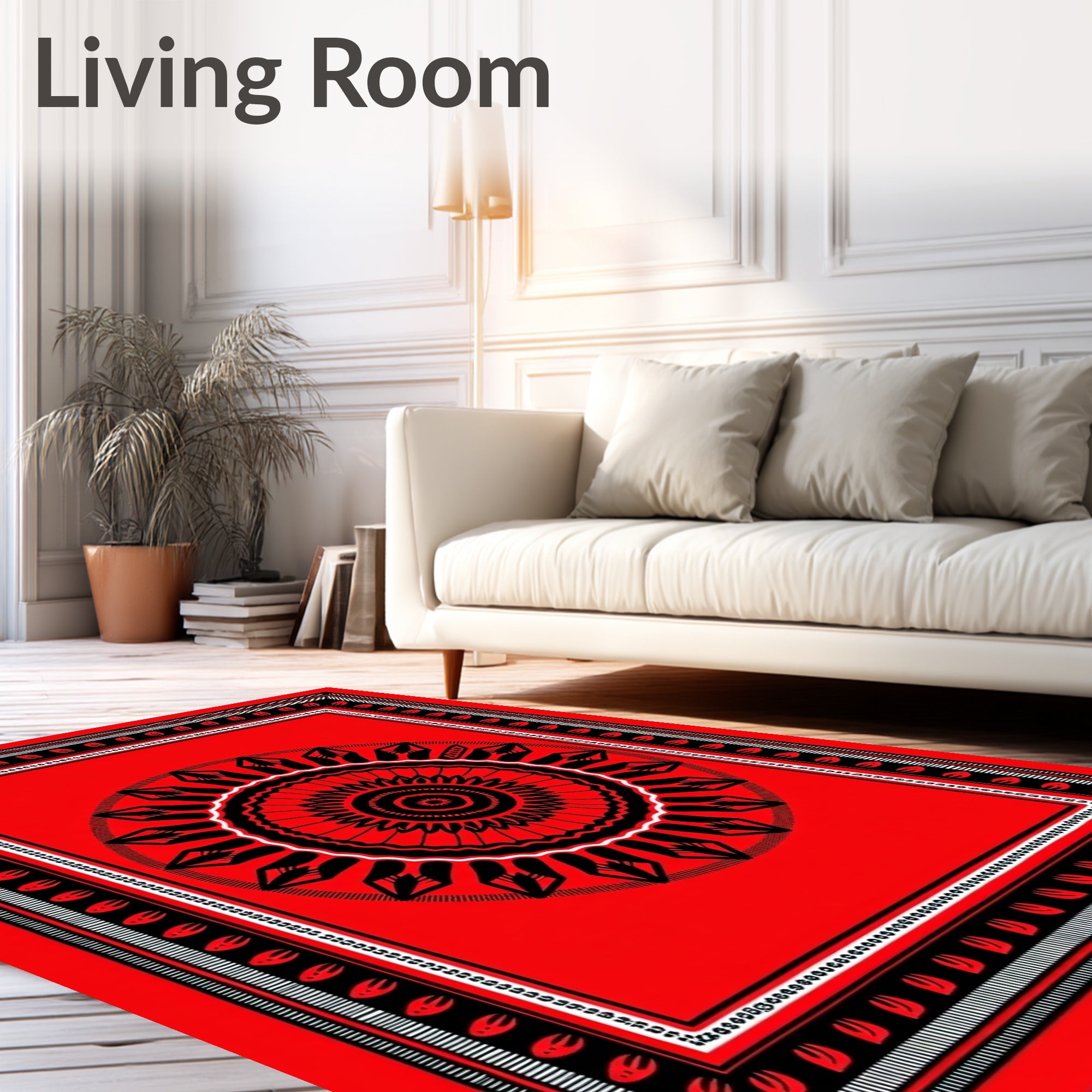 Bold Red Sunburst Mandala Border Rug