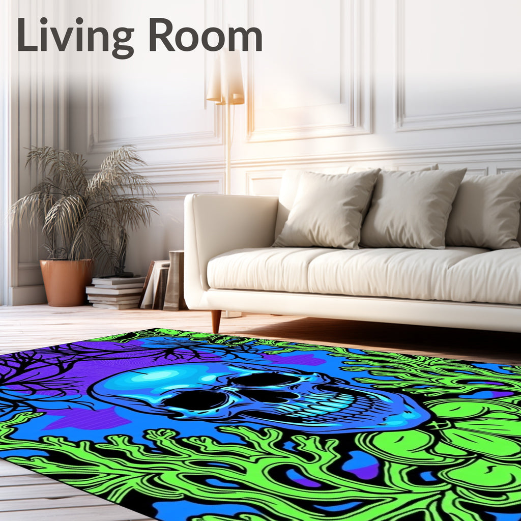 Blue Skull With Neon Coral Garden Rug