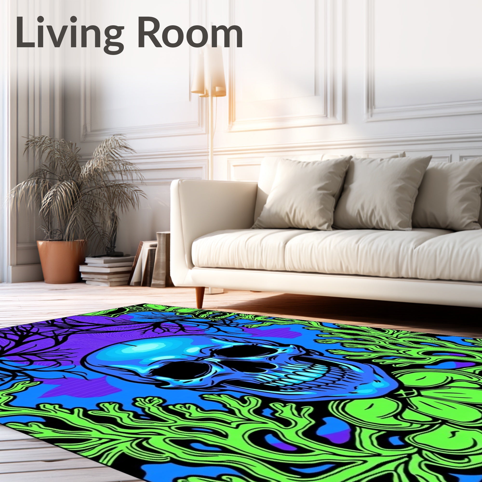 Blue Skull With Neon Coral Garden Rug