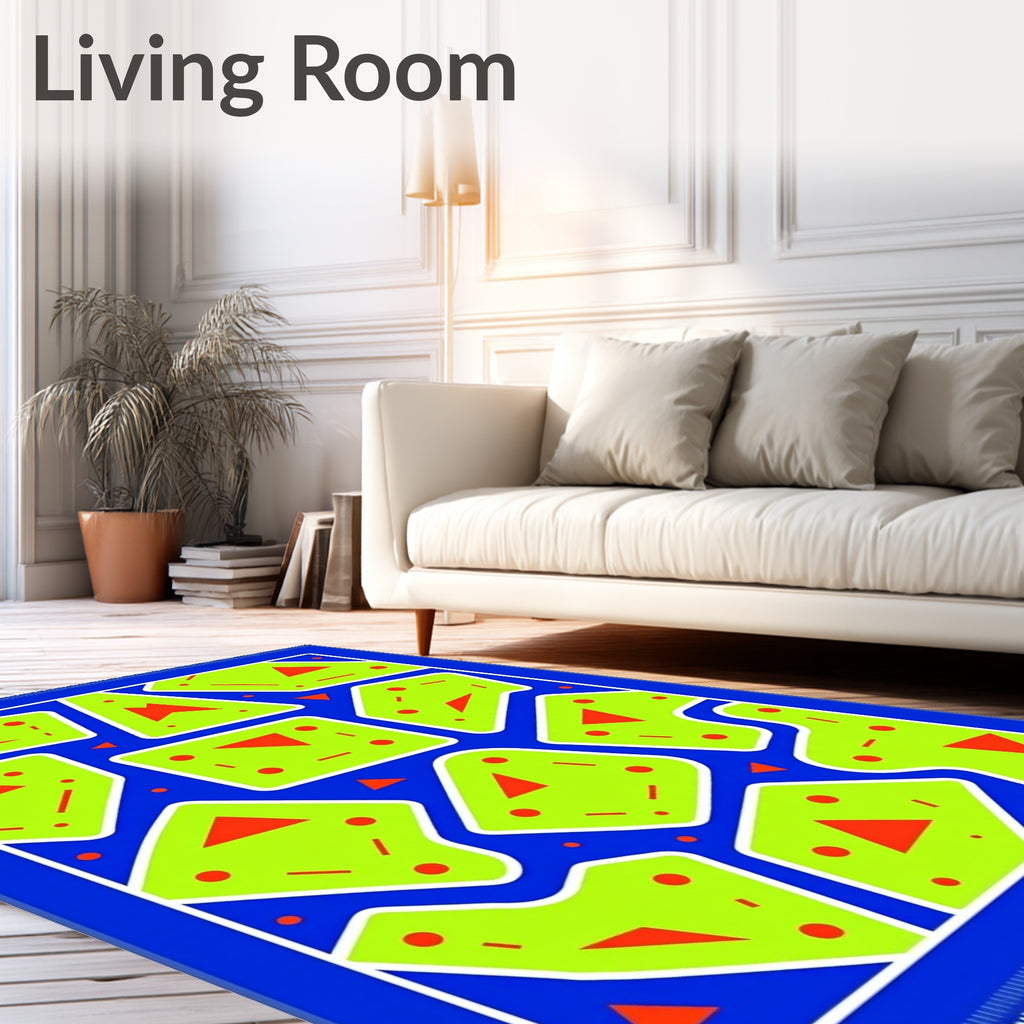 Bright Blue Abstract Lime Green Shapes Rug