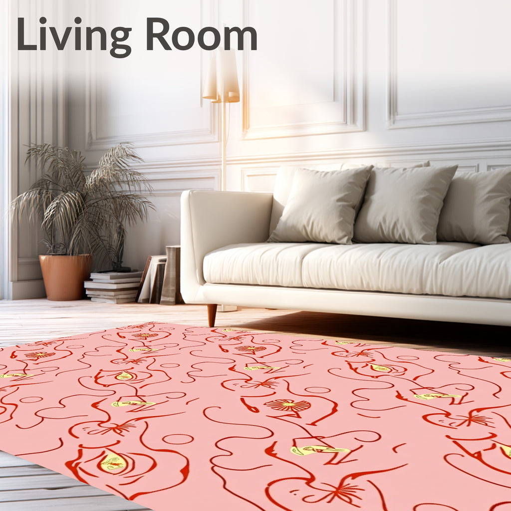 Whimsical Red Figures Pink Abstract Rug