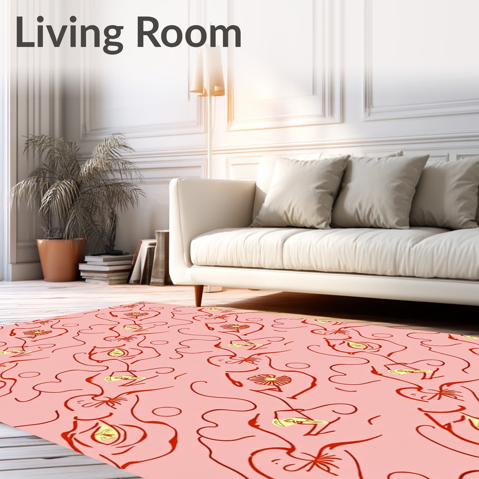 Whimsical Red Figures Pink Abstract Rug
