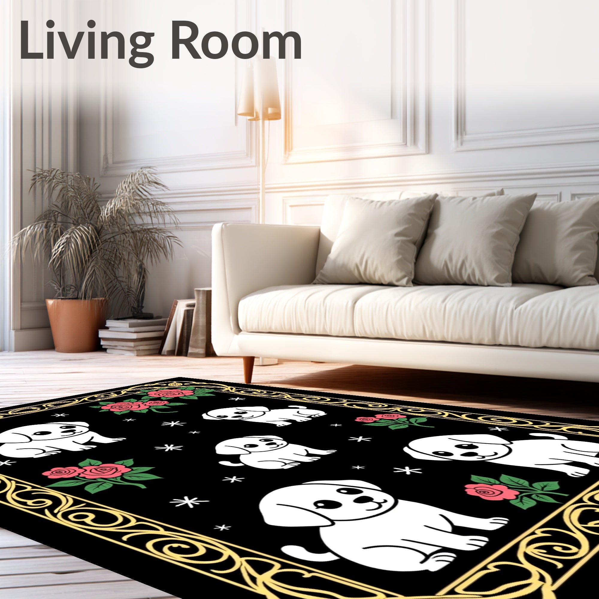 Golden Rose Puppy Playful Vignette Rug