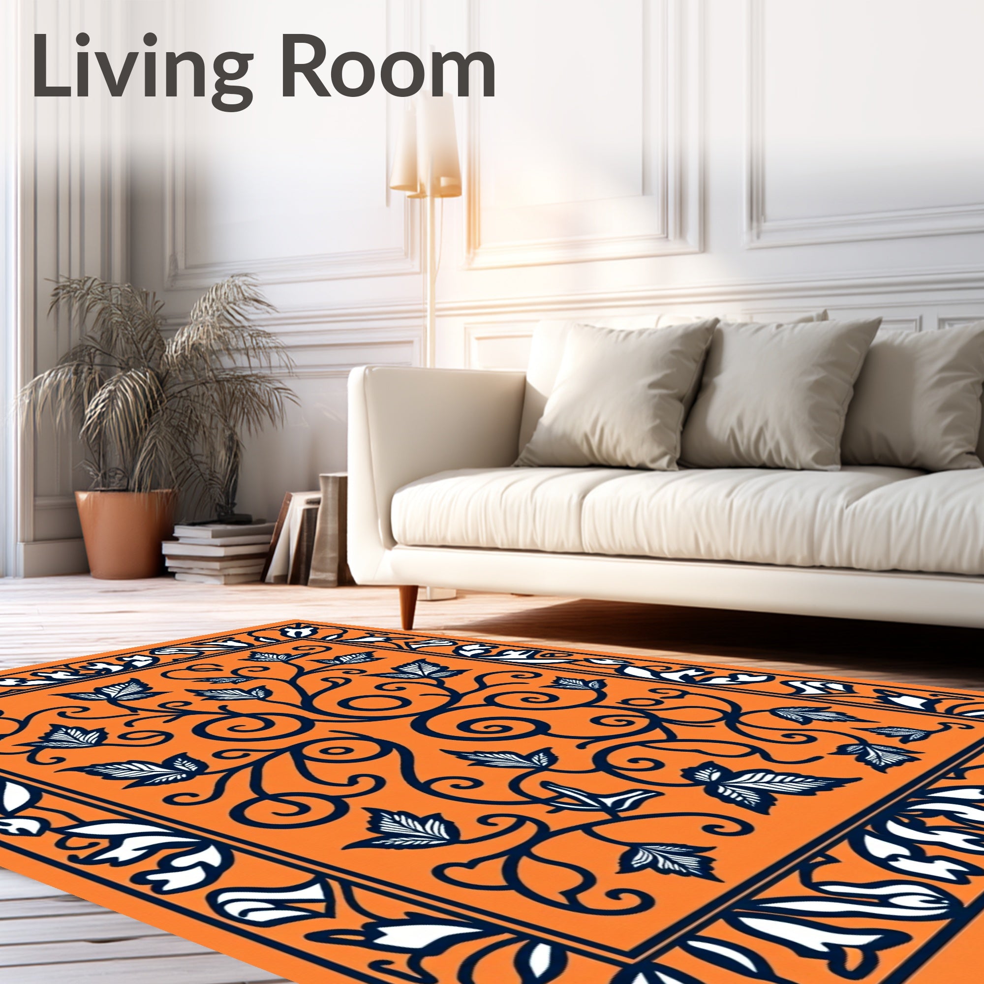 Orange Vine Leaf Scrollwork Border Rug
