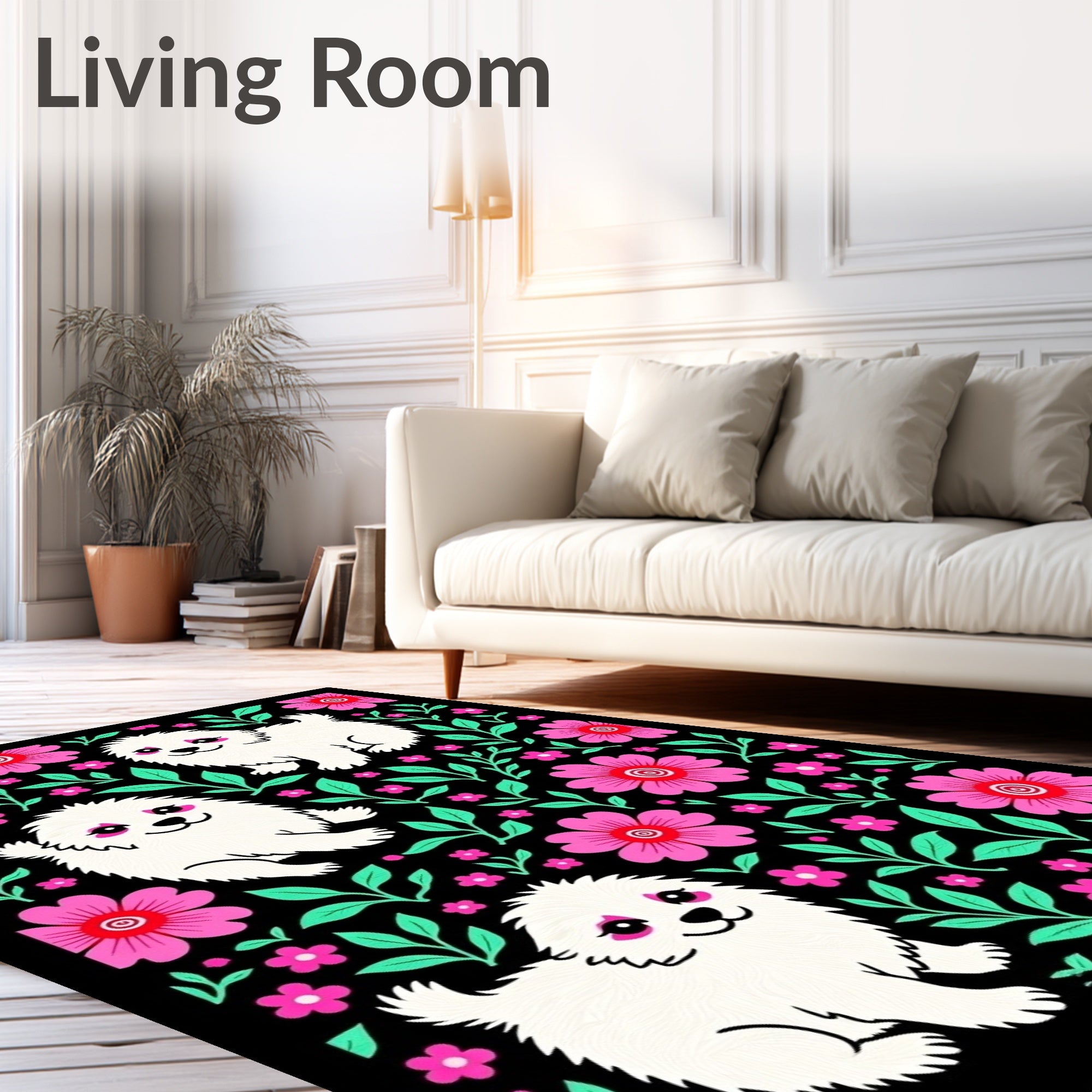 Cute White Pups Floral GardenRug Rug