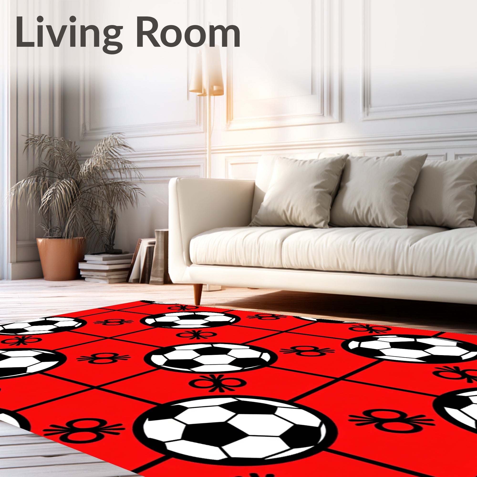 Red Black White Soccer Ball Grid Rug