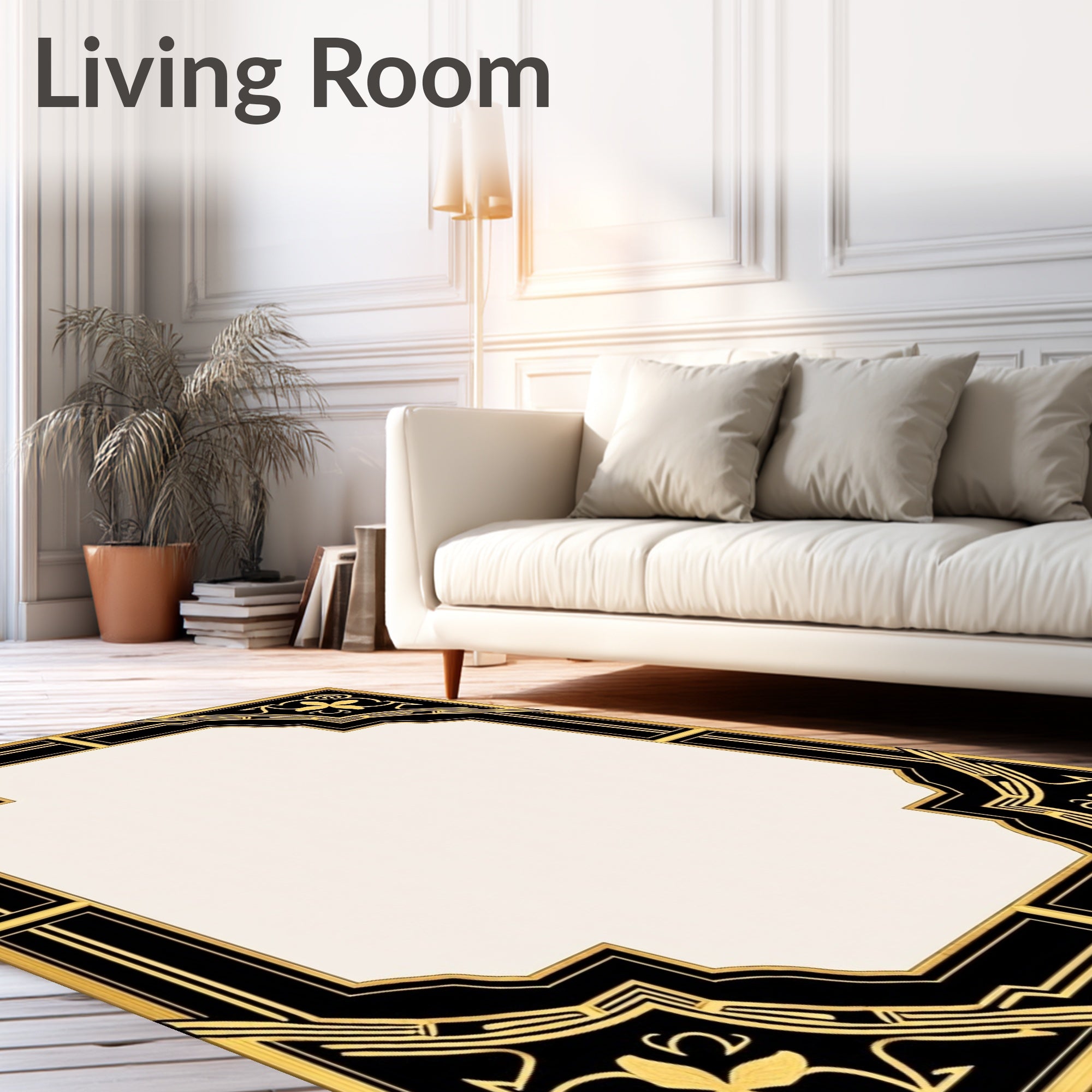 Art Deco Black Gold Floral Frame Rug