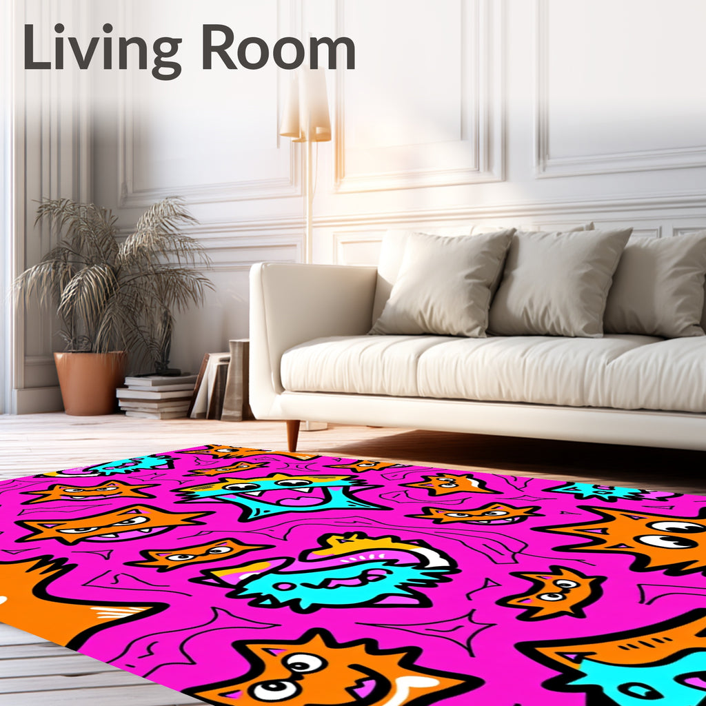 Whimsical Pink Orange Blue Cartoon Cats Rug