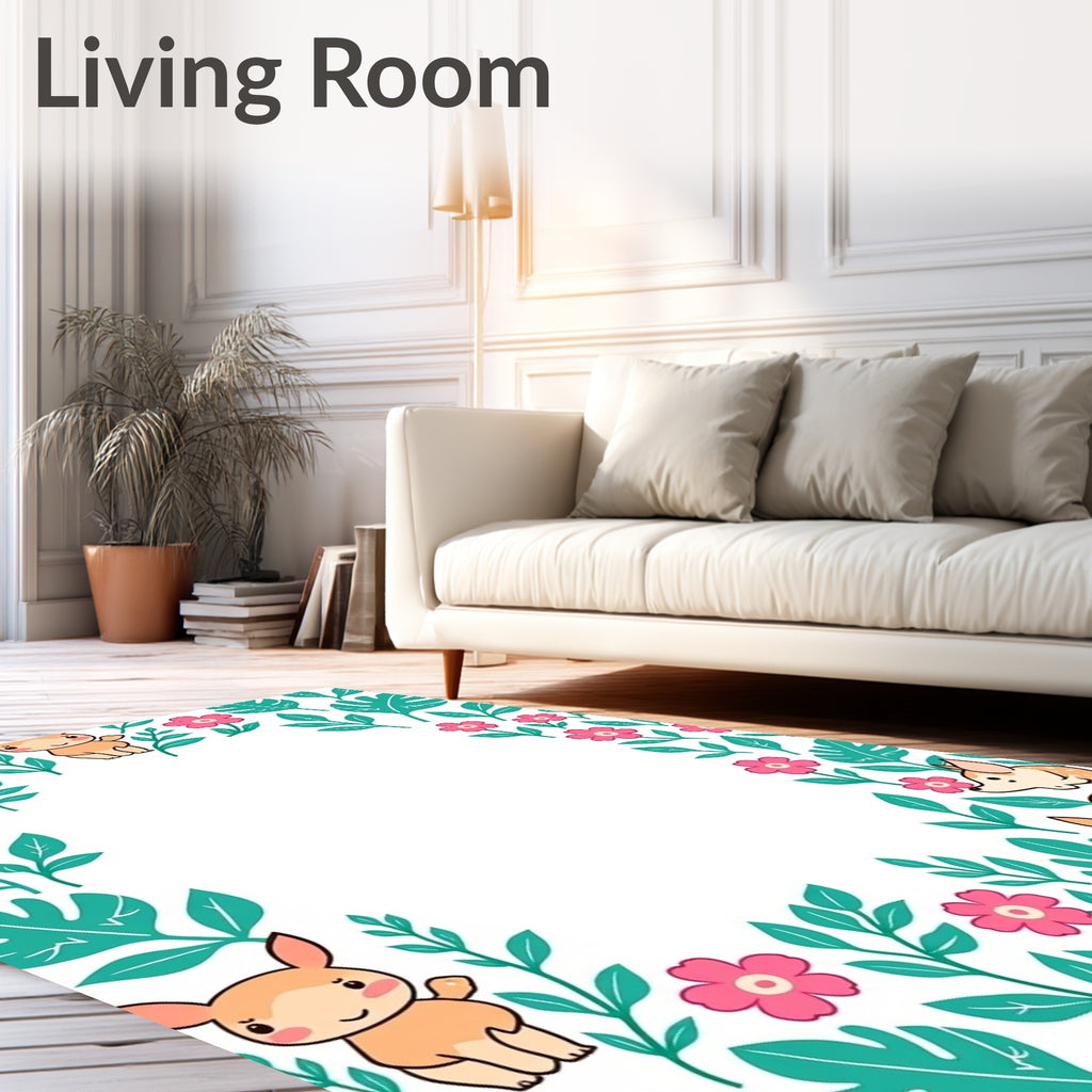 Whimsical Fawn Floral Leafy Border Rug