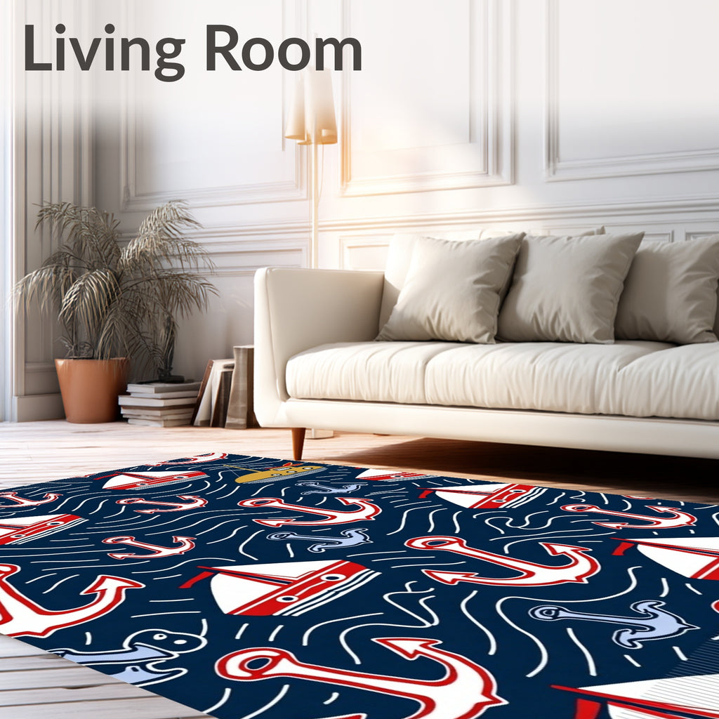 Navy Red White Nautical Sailboat Anchor Rug