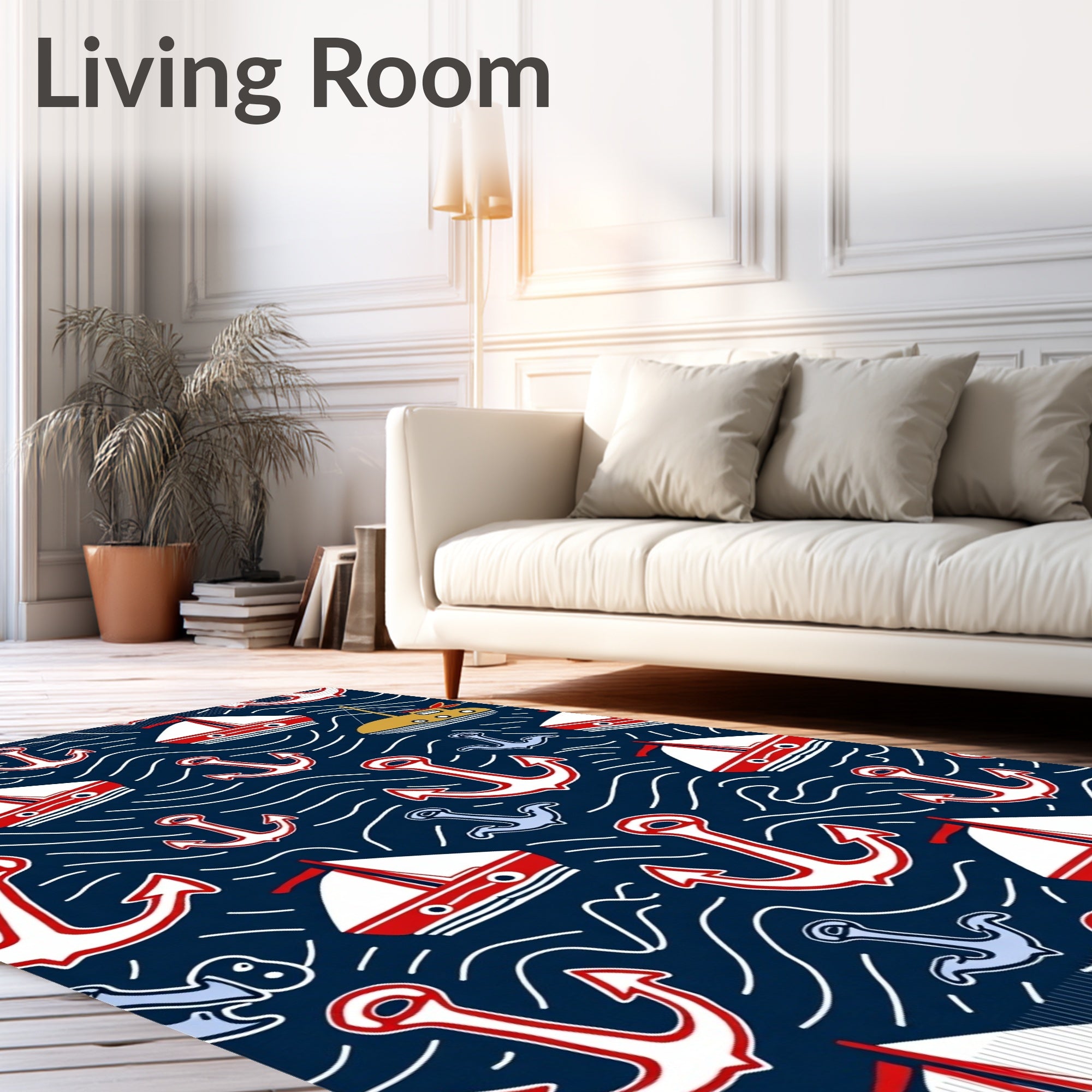 Navy Red White Nautical Sailboat Anchor Rug