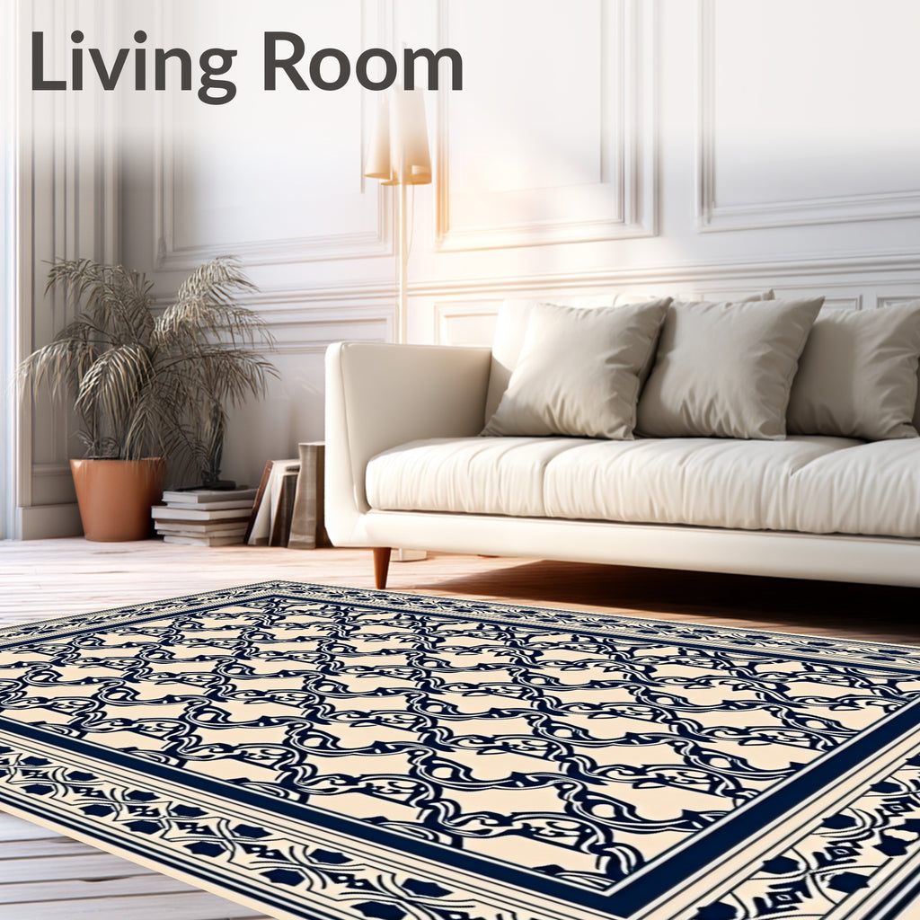 Ornate Cream Navy Scrollwork Rug