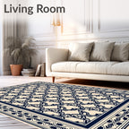 Ornate Cream Navy Scrollwork Rug
