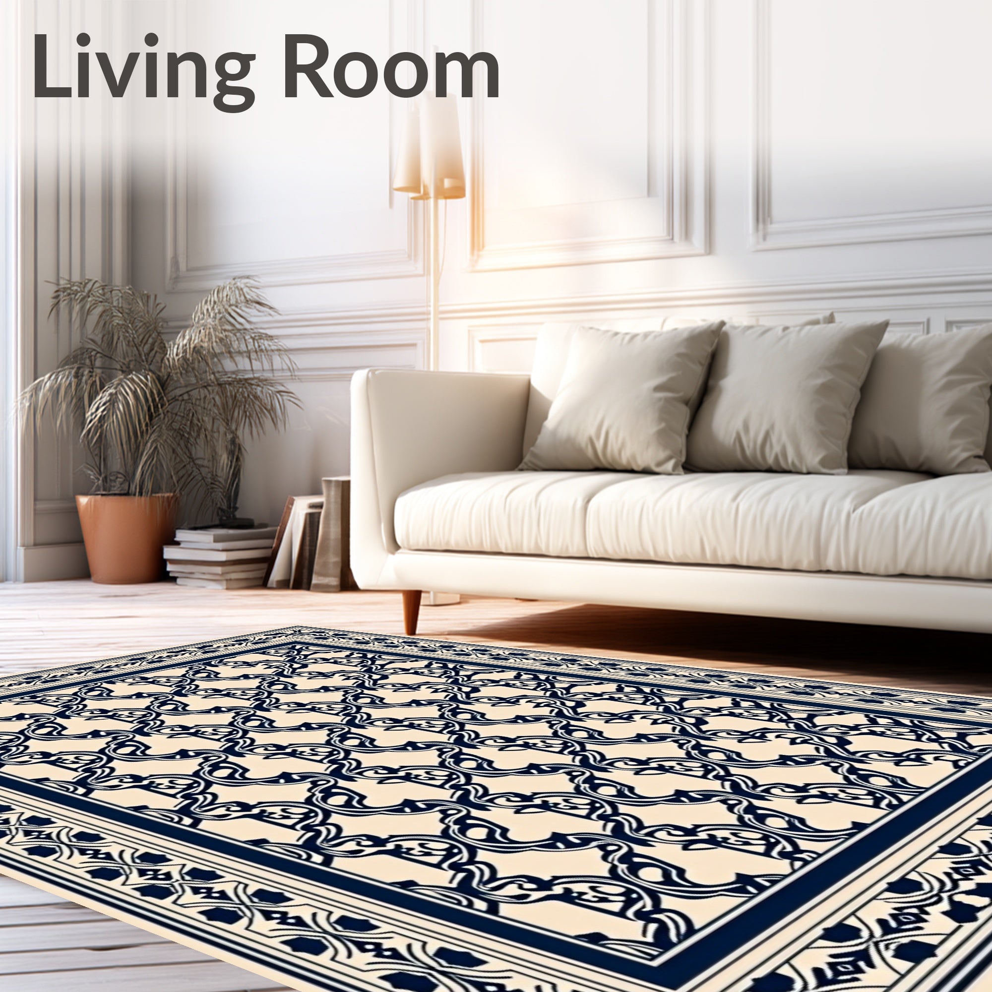 Ornate Cream Navy Scrollwork Rug